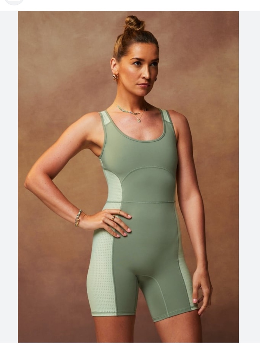NWT FABLETICS Motion365+ Open Back Onesie in Palm Leaf/Thyme